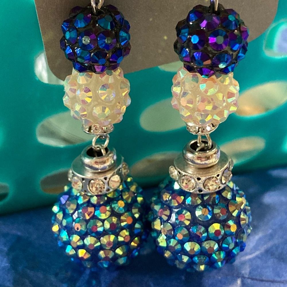 🆕 HANDMADE BLUE AND WHITE PAVE’ EARRINGS WITH 2.5” DROP